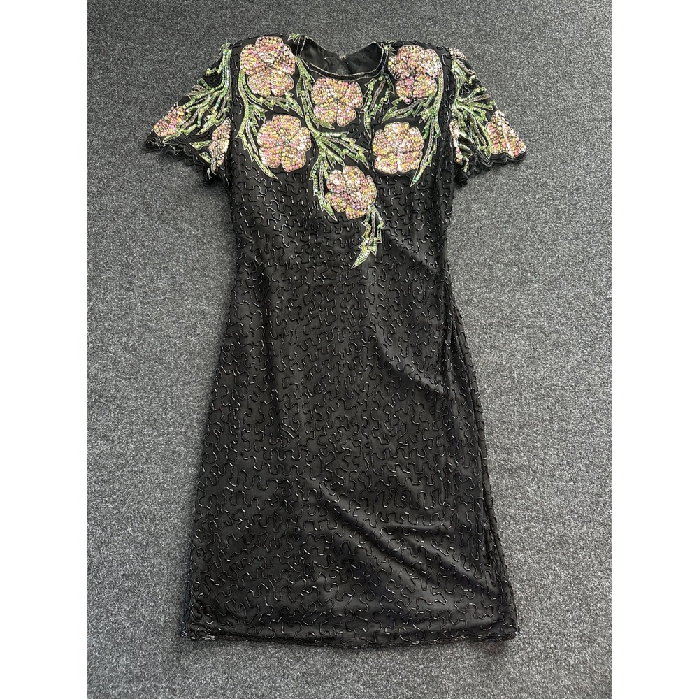 Scala Vintage Silk Beaded Floral Sequin Keyhole Back Cocktail Dress Black P/L